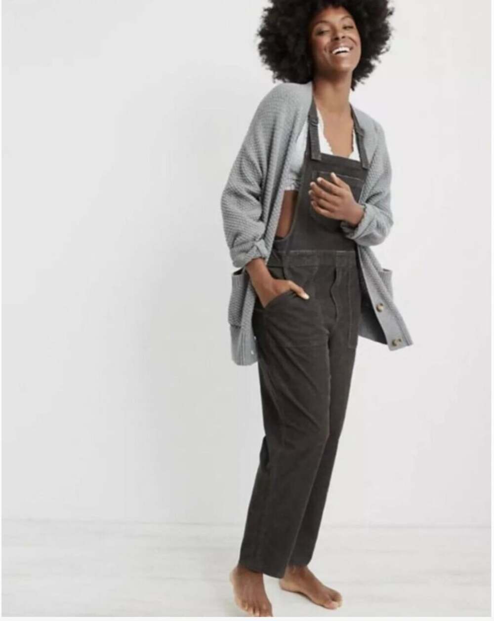 Aerie Overalls Womens XXS Gray Corduroy Square Neck Bib Pockets Casual Relaxed